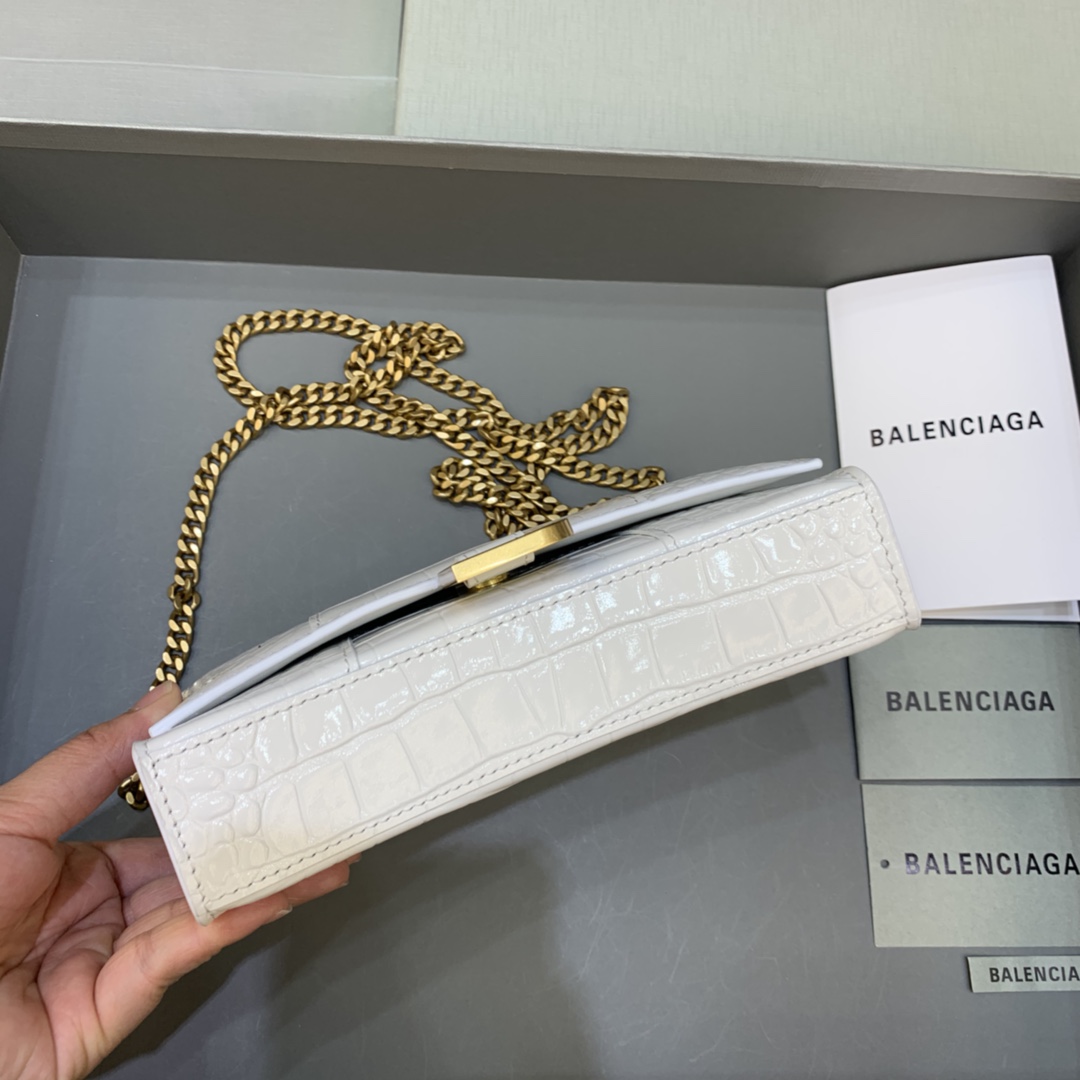 Balenciaga Small Hourglass Wallet With Chain Crocodile Embossed Shoulder Bag White